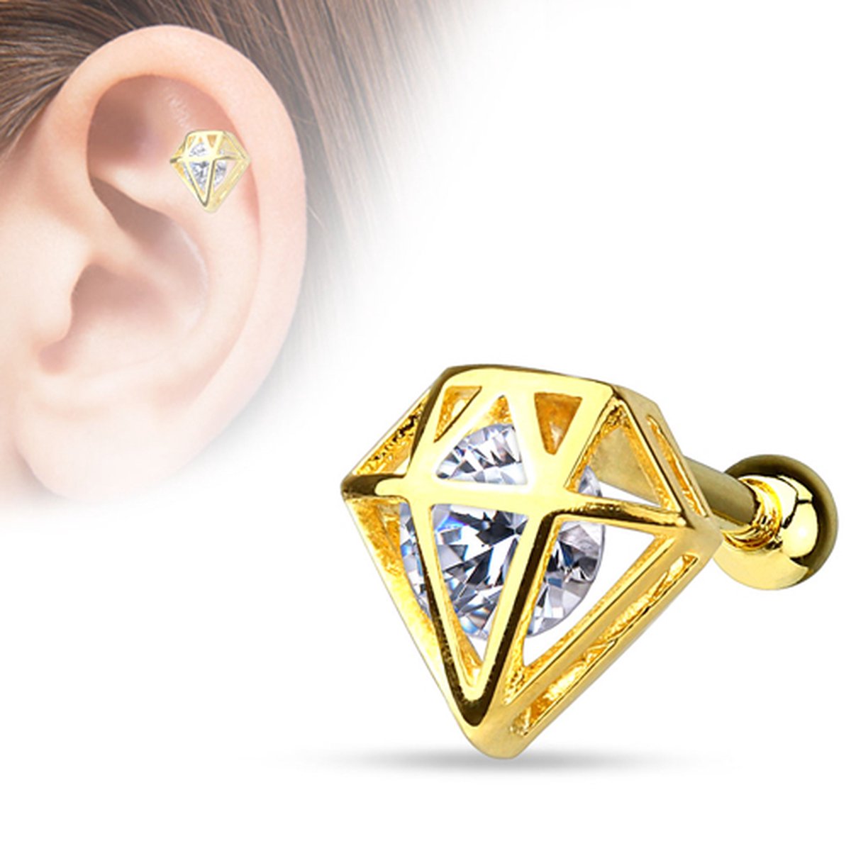 Helix piercing diamant avec pierre 14 kt. plaqué or | bol
