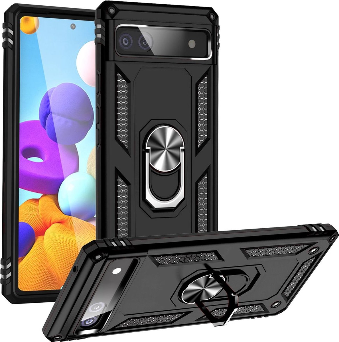 Mobigear Hoesje geschikt voor Google Pixel 6a Telefoonhoesje Hardcase | Mobigear Armor Ring Backcover Shockproof met Ringhouder | Schokbestendig Pixel 6a Telefoonhoesje | Anti Shock Proof - Zwart