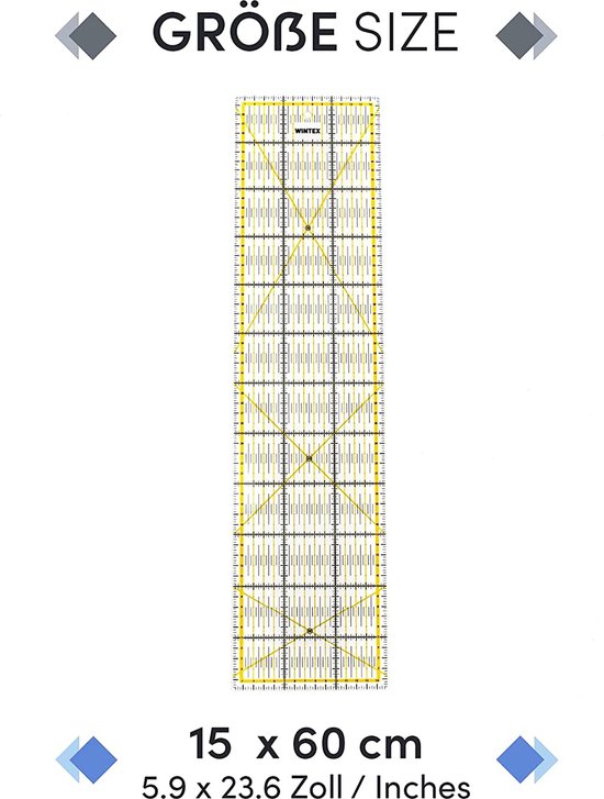 WINTEX Patchwork liniaal – snijliniaal 15 x 60 cm, met cmraster en hoekweergave – rolsnijliniaal, naaliniaal, snijliniaal, ideaal voor naaien en knutselen 15x60cm - PRETEX
