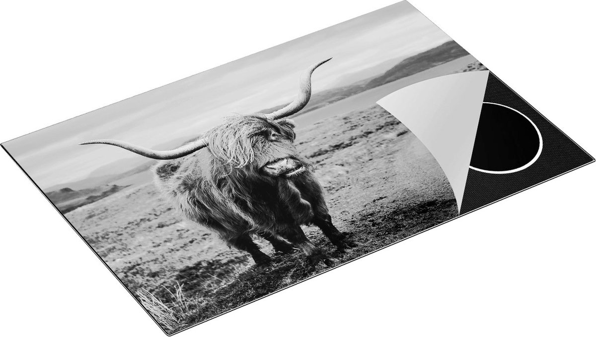 Chefcare Inductie Beschermer Schotse Hooglander Koe op de Weg - Zwart Wit - 80x52 cm - Afdekplaat Inductie - Kookplaat Beschermer - Inductie Mat