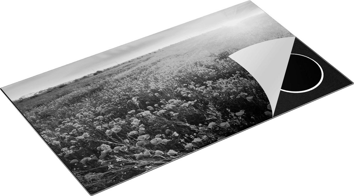 Chefcare Inductie Beschermer Rode Klaproos Bloemenveld - Zonsondergang - Zwart Wit - 90x50 cm - Afdekplaat Inductie - Kookplaat Beschermer - Inductie Mat