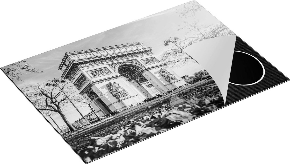 Chefcare Inductie Beschermer Arc de Triomphe in Parijs tijdens de Herfst - Zwart Wit - 77x51 cm - Afdekplaat Inductie - Kookplaat Beschermer - Inductie Mat
