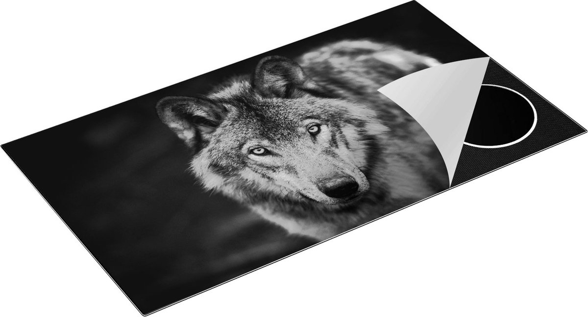 Chefcare Inductie Beschermer Wolvenkop - Grijze Wolf - Zwart Wit - 95x50 cm - Afdekplaat Inductie - Kookplaat Beschermer - Inductie Mat