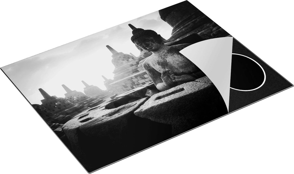 Chefcare Inductie Beschermer Boeddha Beeld in een Tempel - Zwart Wit - 77x59 cm - Afdekplaat Inductie - Kookplaat Beschermer - Inductie Mat