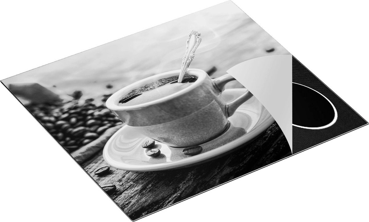 Chefcare Inductie Beschermer Blauw Kopje Koffie met Koffiebonen - Zwart Wit - 60x55 cm - Afdekplaat Inductie - Kookplaat Beschermer - Inductie Mat