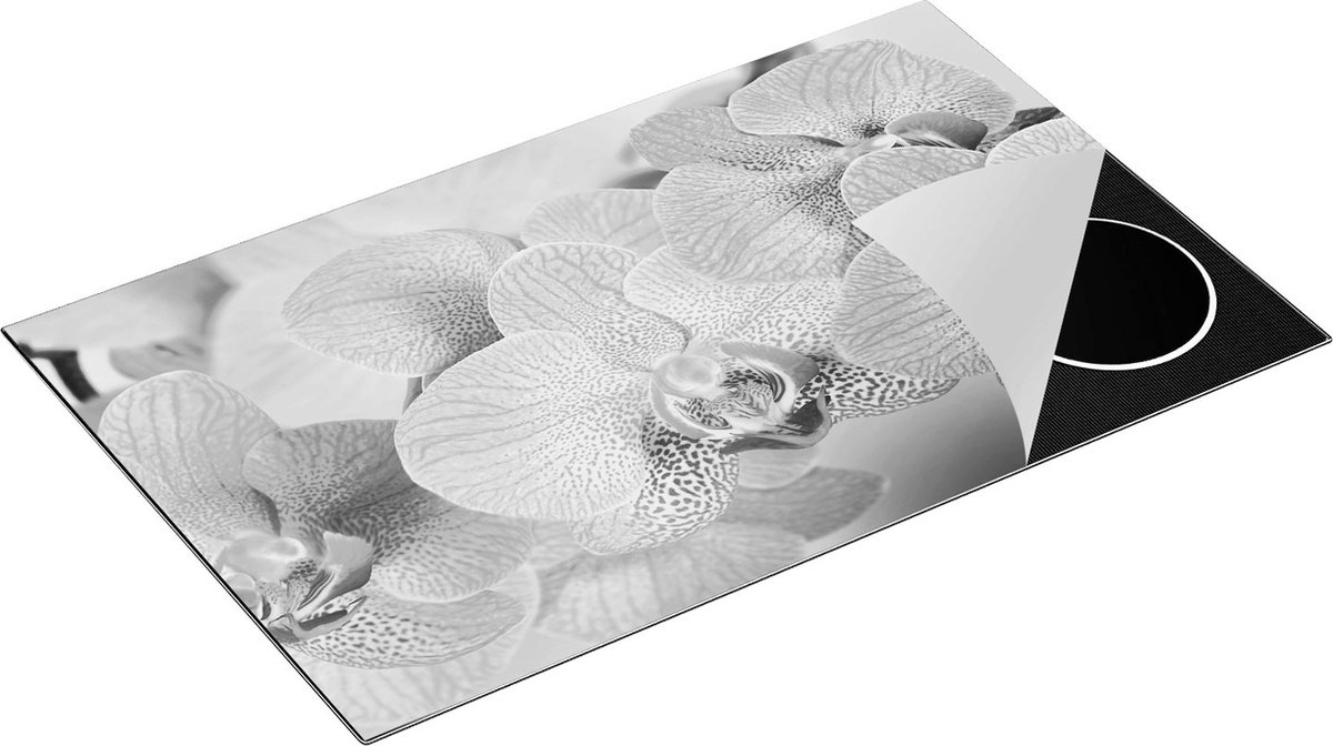 Chefcare Inductie Beschermer Roze Orchidee Bloemen - Zwart Wit - 85x52 cm - Afdekplaat Inductie - Kookplaat Beschermer - Inductie Mat