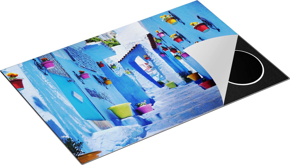 Chefcare Inductie Beschermer Blauwe Huizen met Bloempotten in Chefchaouen, Marokko - 80x52 cm - Afdekplaat Inductie - Kookplaat Beschermer - Inductie Mat