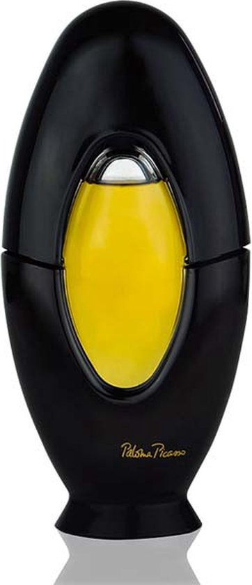 Zwarte ovale parfumfles met gele vloeistof en zilveren dop. Paloma Picasso logo.