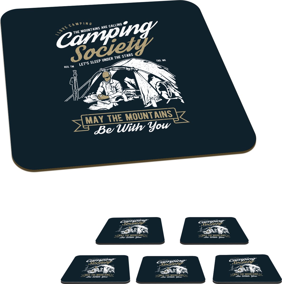 Onderzetters voor glazen - Tent - Camping - Retro - 10x10 cm - Glasonderzetters - 6 stuks