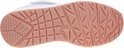 Witte sneaker met een roze loopzool met een geometrisch patroon en een Skechers logo.