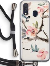 Case Company® - Hoesje met koord geschikt voor Samsung Galaxy A40 hoesje met Koord - Japanse bloemen - Telefoonhoesje met Zwart Koord - Bescherming aan alle Kanten en Over de Schermrand