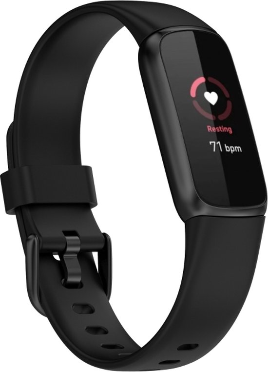 Bracelet noir Fitbit Luxe porté au poignet, avec un écran actif.