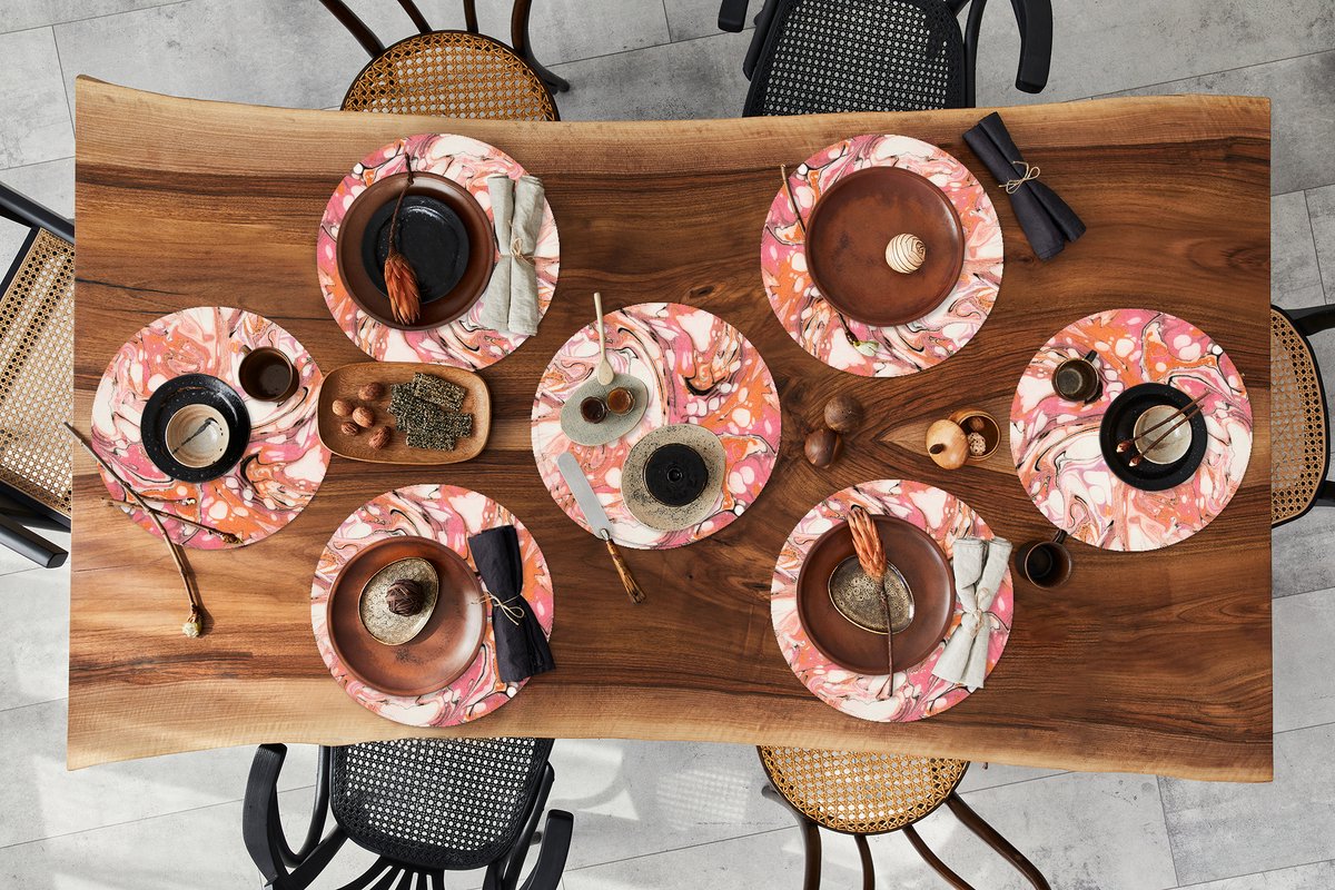 Ronde placemats - Onderlegger - Placemats rond - Marmer print - Oranje - Wit - 8 stuks