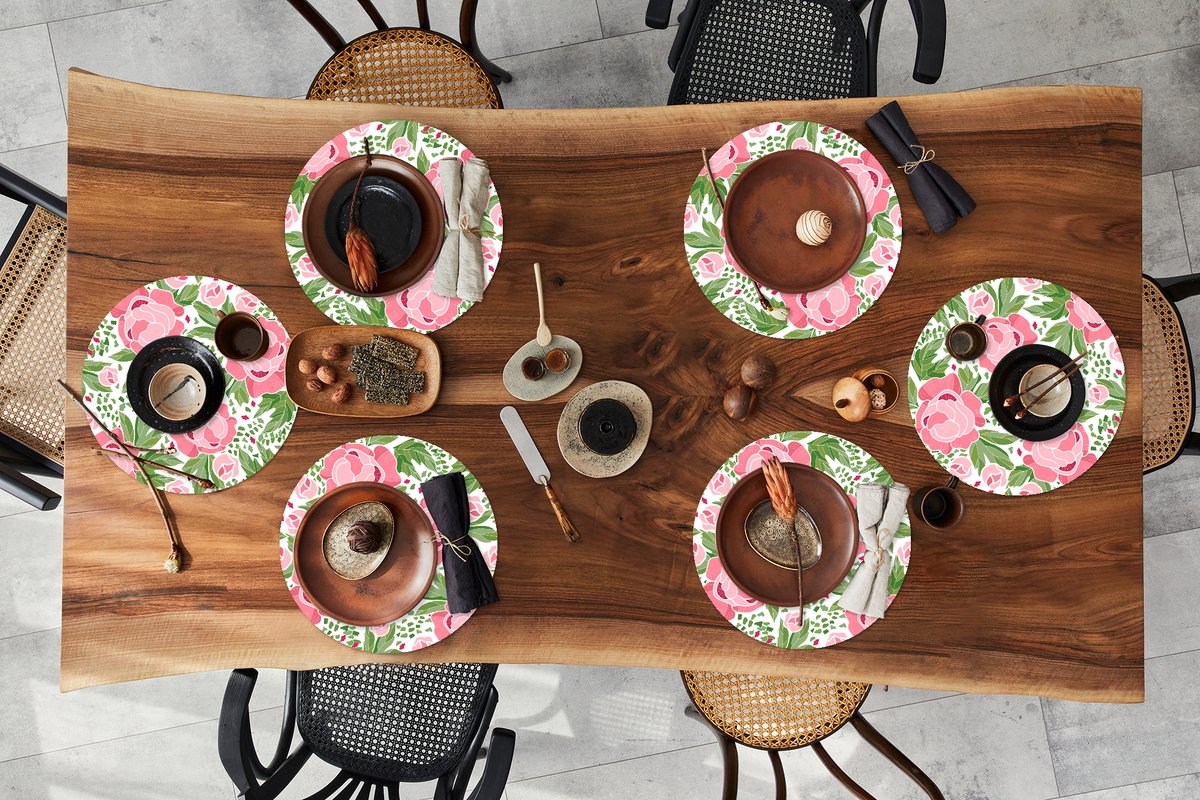 Ronde placemats - Onderlegger - Placemats rond - Bloemen - Roze - Patronen - 6 stuks