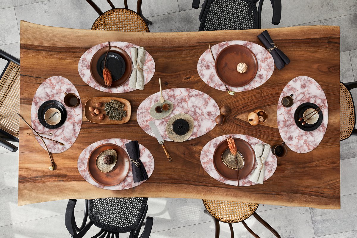 Placemats ovaal - Onderleggers - Ovale placemats - Marmer print - Wit - Rood - 10 stuks