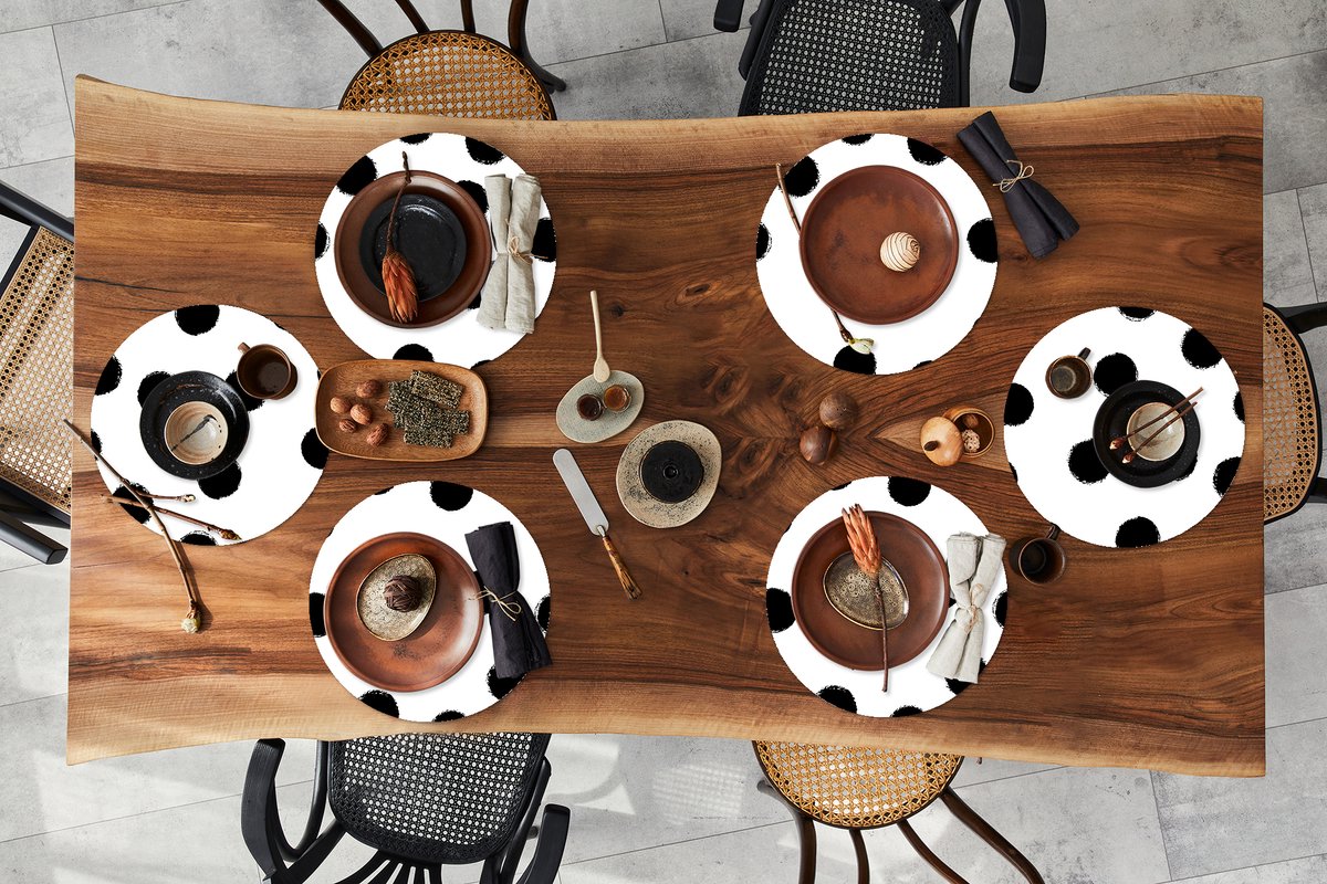 Ronde placemats - Onderlegger - Placemats rond - Stippen - Patroon - Zwart Wit - 6 stuks