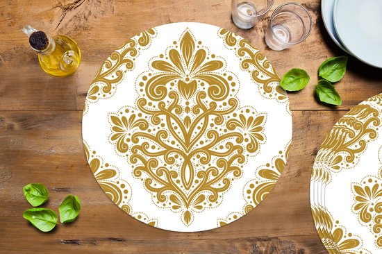 Sets de table ronds - Dessous de verre - Napperons de table ronds - Vintage - Fleurs - Goud - Motifs - 6 pièces