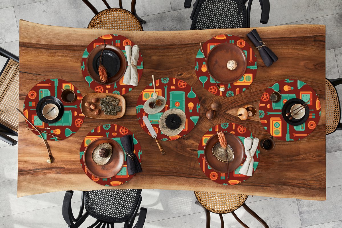 Ronde placemats - Onderlegger - Placemats rond - Patroon - Retro - Gereedschap - 8 stuks