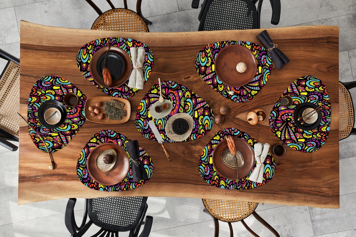 Placemat organisch - Placemats organic - Onderleggers - Design - Mandala - Regenboog - 8 stuks
