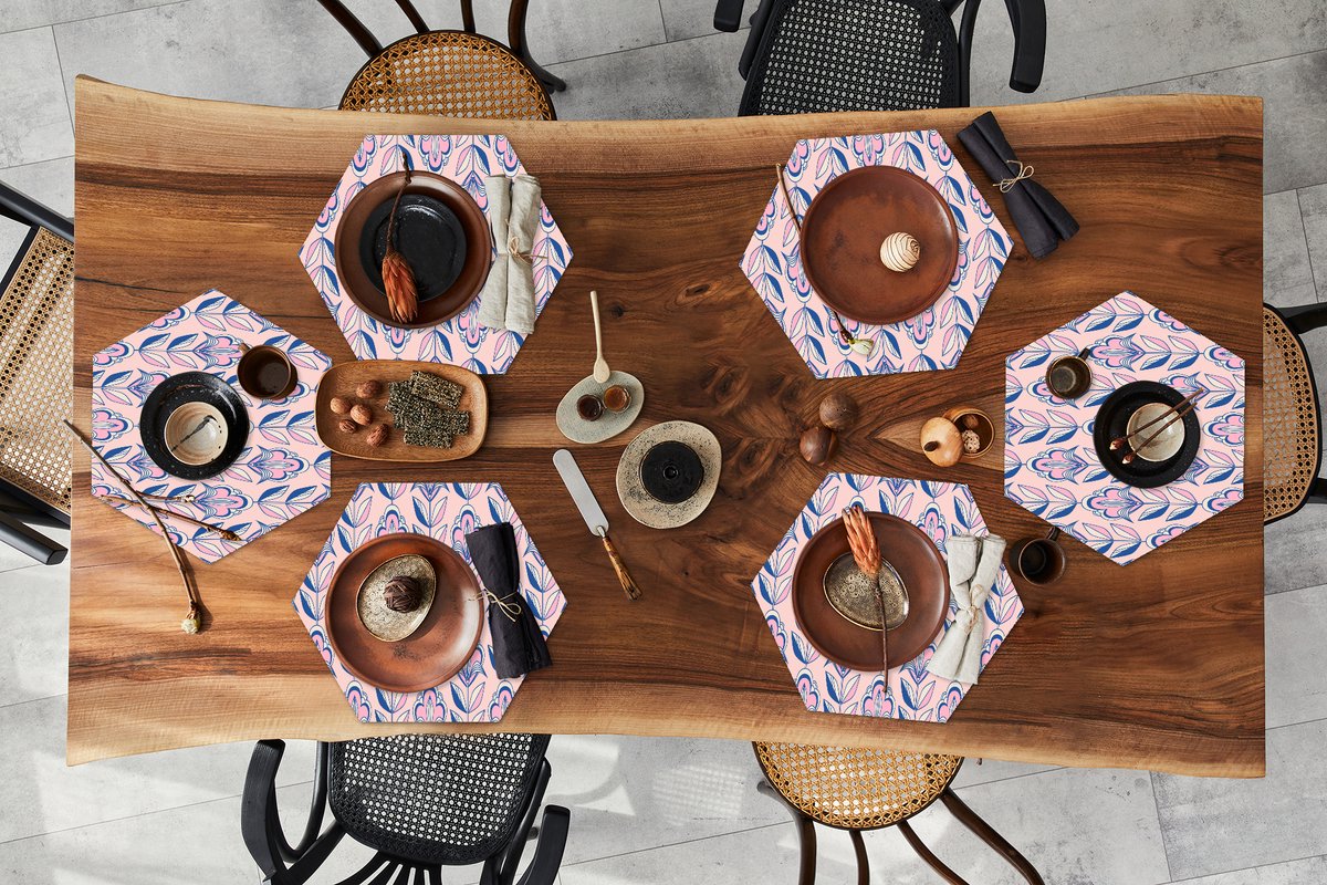 Placemats hexagon - Onderleggers placemats - Placemat zeshoek - Retro - Design - Bloemen - 6 stuks