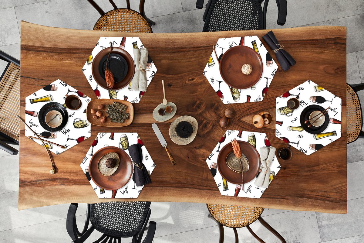 Placemats hexagon - Onderleggers placemats - Placemat zeshoek - Bier - Glazen - Patroon - 6 stuks
