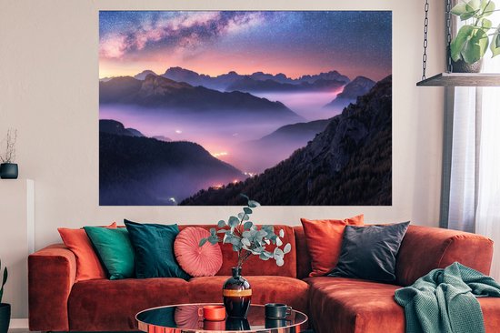 Poster Montagnes - Ciel étoilé - Brouillard - 180x120 cm XXL