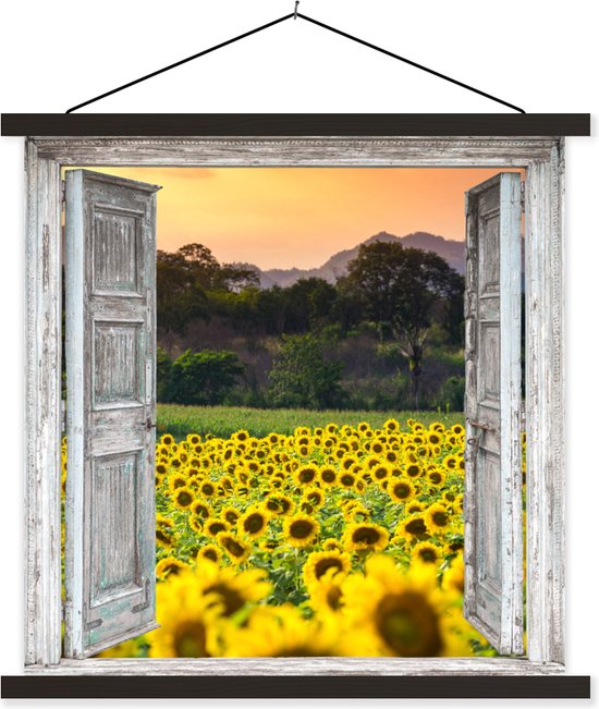 Porte-affiche avec affiche - Affiche scolaire - Tournesol - Soir - Fleurs - Transparent - 90x90 cm - Lattes noires
