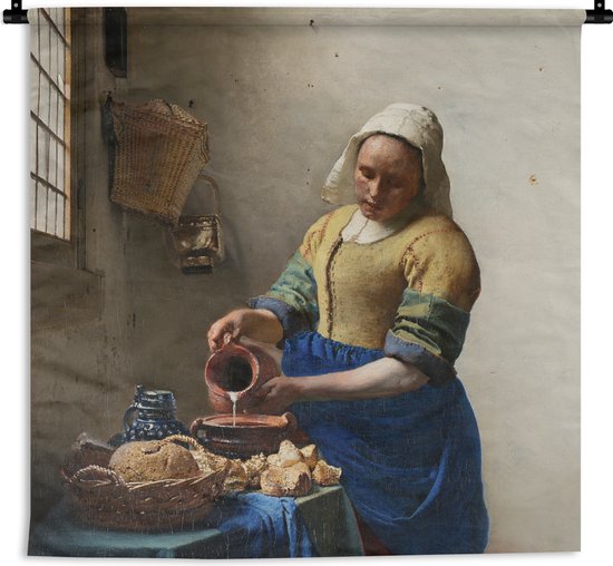Wandkleed - Wanddoek - Het melkmeisje - Kunst - Oude meesters - Vermeer - 60x60 cm - Wandtapijt