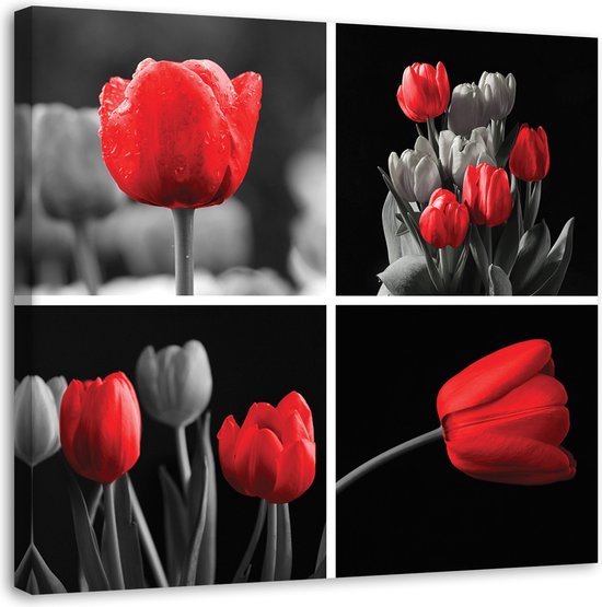 Trend24 - Canvas Schilderij - Set Van Rode Tulpen - Schilderijen - Bloemen - 30x30x2 cm - Rood
