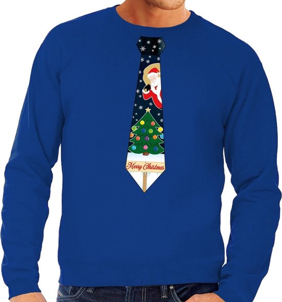 Foute kersttrui / sweater met stropdas van kerst print blauw voor heren L