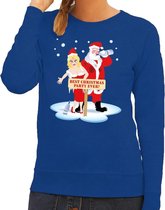 Foute kersttrui / sweater dronken kerstman en kerstvrouw na kerstborrel/ feest blauw voor dames - Kersttruien L