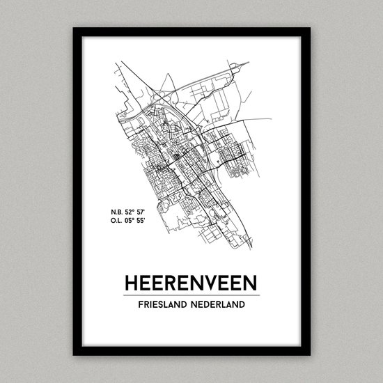 Heerenveen city poster, A4 met lijst,  plattegrond poster, woonplaatsposter, woonposter