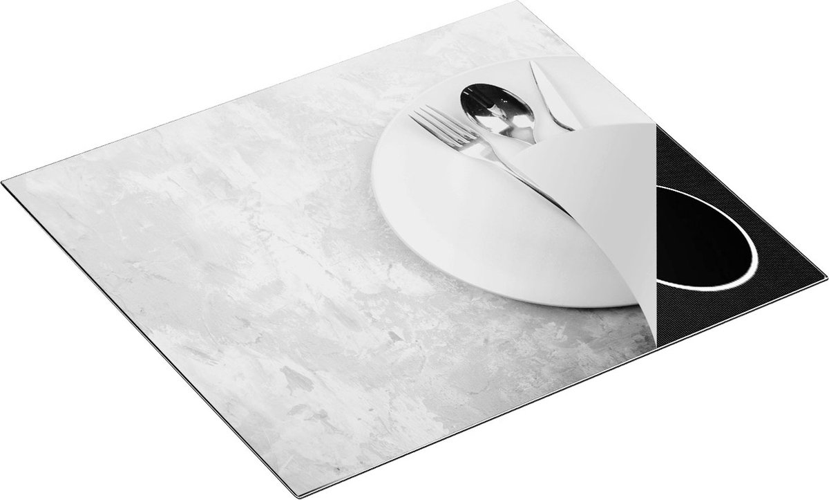 Chefcare Inductie Beschermer Bestek met een Bord op Witte Marmer - Zwart Wit - 60x52 cm - Afdekplaat Inductie - Kookplaat Beschermer - Inductie Mat