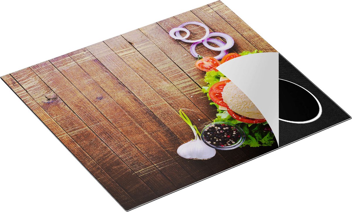 Chefcare Inductie Beschermer Hamburger op Bruine Houten Planken - 60x50 cm - Afdekplaat Inductie - Kookplaat Beschermer - Inductie Mat