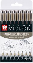 Pigma Micron set 6 fineliners + 2 brushpennen grijs