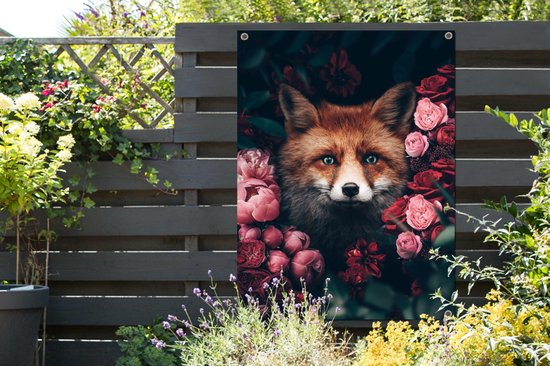 Affiche jardin - Toile jardin - Posters de jardin extérieur - Renard - Fleurs - Botanique - Animaux - 90x120 cm - Jardin