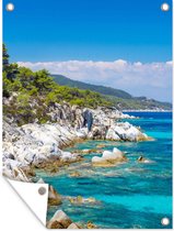 Tuinposter - Strand - Stenen - Bomen - Zee - Zomer - 60x80 cm - Tuin decoratie - Wanddecoratie - Tuinschilderij - Muurdecoratie - Tuindoek - Buitenposter