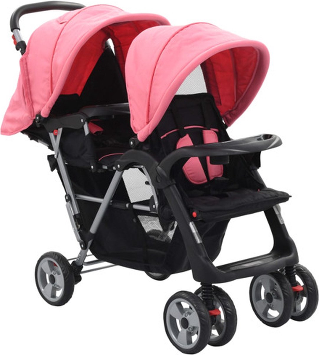 Bol.com vidaXL - Kinderwagen - dubbel - staal - roze - en - zwart aanbieding