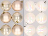 12x stuks kunststof kerstballen mix van champagne en parelmoer wit 8 cm - Kerstversiering