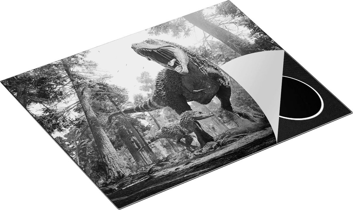 Chefcare Inductie Beschermer Tyrannosaurus Rex Dinosaurus - T-Rex - Zwart Wit - 65x52 cm - Afdekplaat Inductie - Kookplaat Beschermer - Inductie Mat