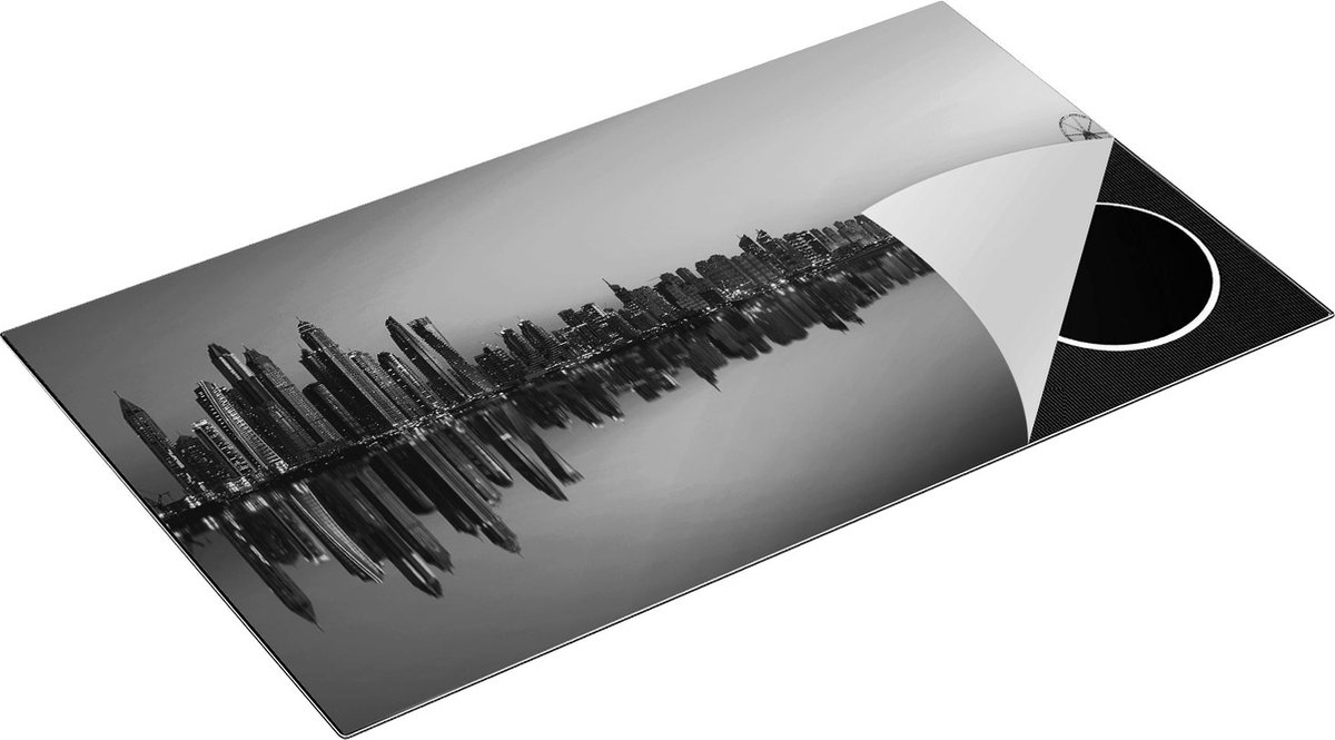 Chefcare Inductie Beschermer Skyline Dubai Stad bij Zonsondergang - Zwart Wit - 90x52 cm - Afdekplaat Inductie - Kookplaat Beschermer - Inductie Mat