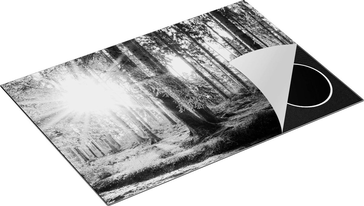 Chefcare Inductie Beschermer Bos met Zon tussen de Bomen - Zwart Wit - 77x51 cm - Afdekplaat Inductie - Kookplaat Beschermer - Inductie Mat