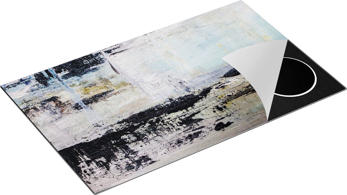 Chefcare Inductie Beschermer Abstracte Kunst - Acryl met Zwarte Vagen op Wit - 85x50 cm - Afdekplaat Inductie - Kookplaat Beschermer - Inductie Mat