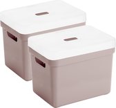 Set van 2x opbergboxen/opbergmanden roze van 18 liter kunststof met transparante deksel 35 x 25 x 24 cm