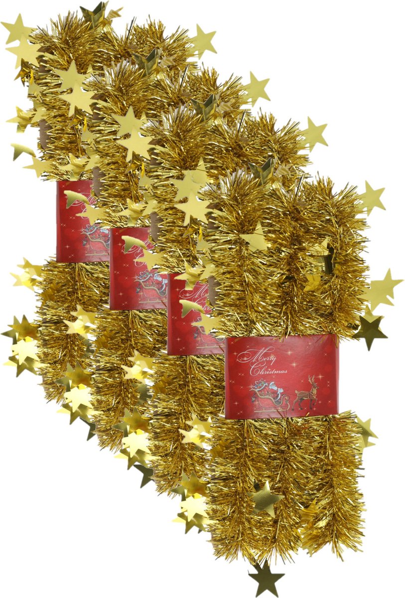 4x stuks lametta kerstslingers met sterretjes goud 200 x 6,5 cm - kerstslingers/kerst guirlandes