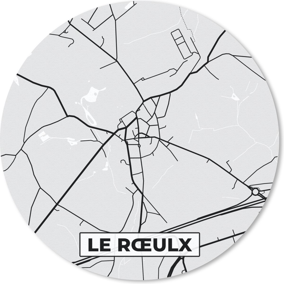 Muismat rond 50x50 cm - Mousepad België – Le Rœulx – Stadskaart – Kaart – Zwart Wit – Plattegrond - Ronde muismatten - Stadskaart