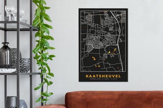 Tableau sur toile Kaatsheuvel - Plan d'étage - Carte - Plan de la ville - Noir & or - 60x90 cm - Décoration murale