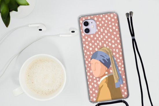 Coque avec cordon iPhone 12 Mini - Old masters - Fille à la perle - Pois - Vintage - Siliconen - Bandoulière - Coque arrière avec cordon - Coque pour téléphone avec cordon - Coque avec corde
