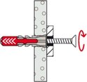 Plug met schroef in grijze wand met cirkels. Rood met witte pijltjes.
