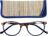 Lilly&June Leesbril Havana/Blauw met Metalen Scharnier +1 - Met Multikleur Etui